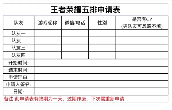 王者荣耀五排申请表图片